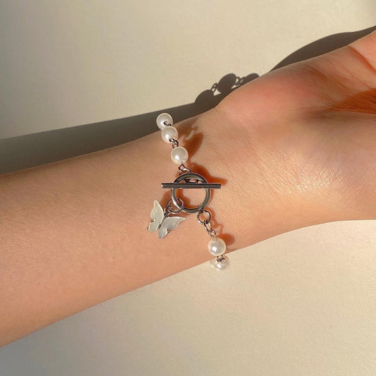 Butterfly Pendant Pearl Bracelet