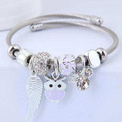 Beaded Owl & Angel Wings Charm Bracelet