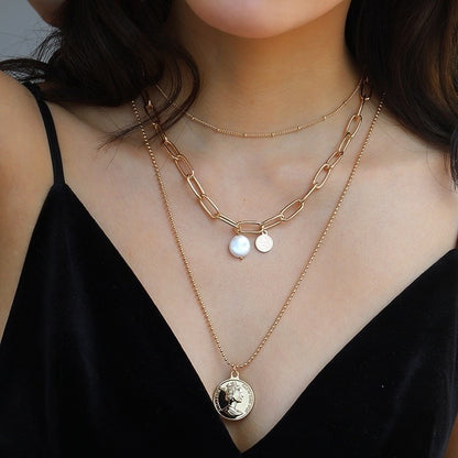 Multi-Layer Pearl & Coin Necklace for Women