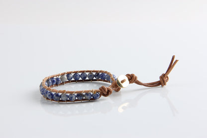 Handmade White Point Blue Natural Stone Leather Woven Bracelet