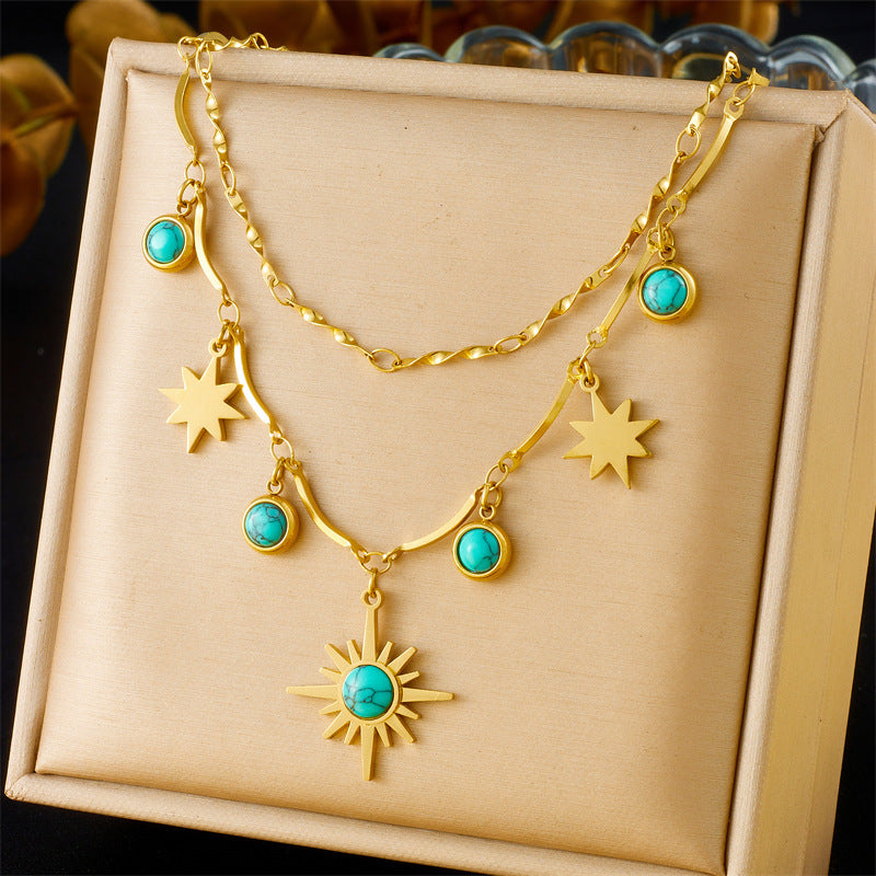 Retro Double-Layer Turquoise Eight-Pointed Star Clavicle Necklace