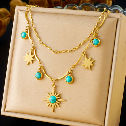 Retro Double-Layer Turquoise Eight-Pointed Star Clavicle Necklace