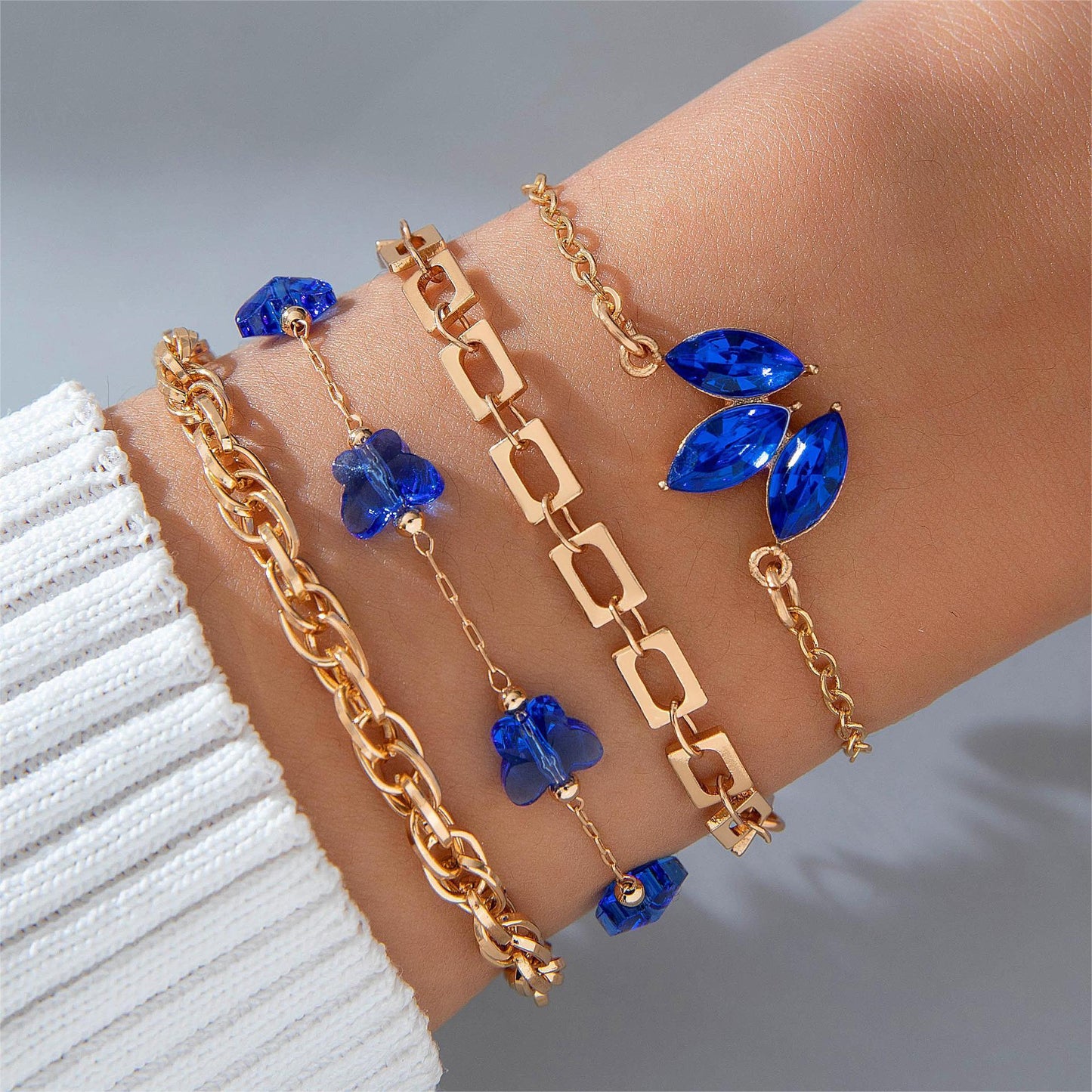 Blue Flower Love Butterfly Bracelet Set 4pcs