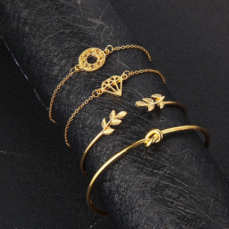 Bohemia Leaf Knot Hand Cuff Link Chain Bracelet Set, 4Pcs