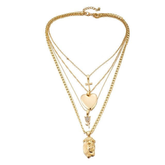 Multi-Layer Heart Cross Pendant Gold Chain Necklace