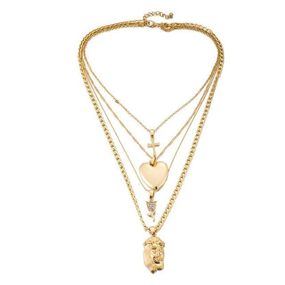 Multi-Layer Heart Cross Pendant Gold Chain Necklace