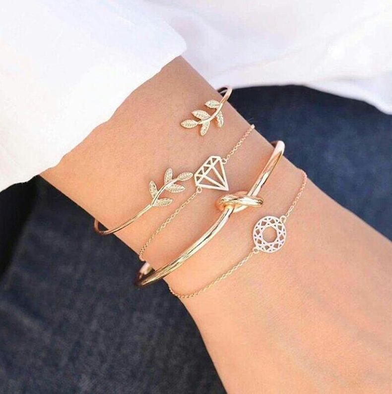 Bohemia Leaf Knot Hand Cuff Link Chain Bracelet Set, 4Pcs