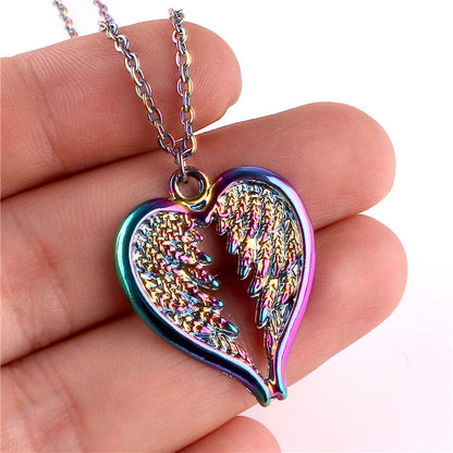 Rainbow Feather Wing Heart Necklace