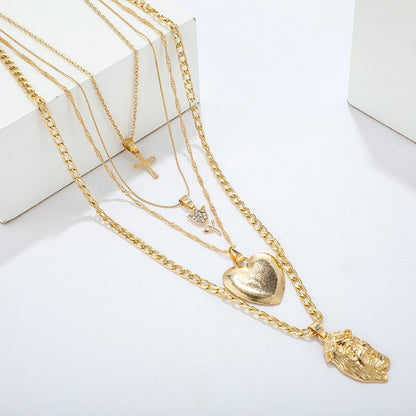 Multi-Layer Heart Cross Pendant Gold Chain Necklace