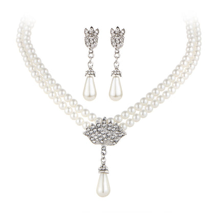 Bridal Pearl Crystal Diamond Necklace & Earring Set