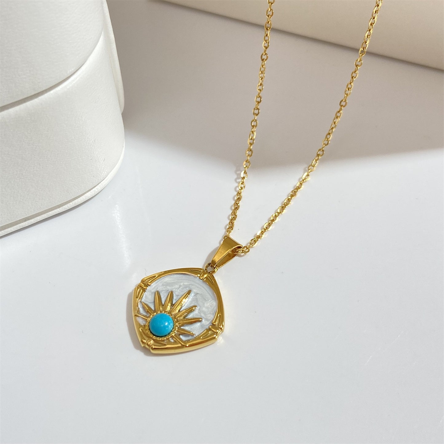 Drop Oil Pearl Blue Turquoise Sun Pendant Necklace
