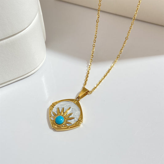 Drop Oil Pearl Blue Turquoise Sun Pendant Necklace