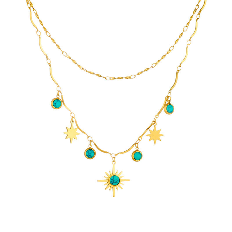 Retro Double-Layer Turquoise Eight-Pointed Star Clavicle Necklace