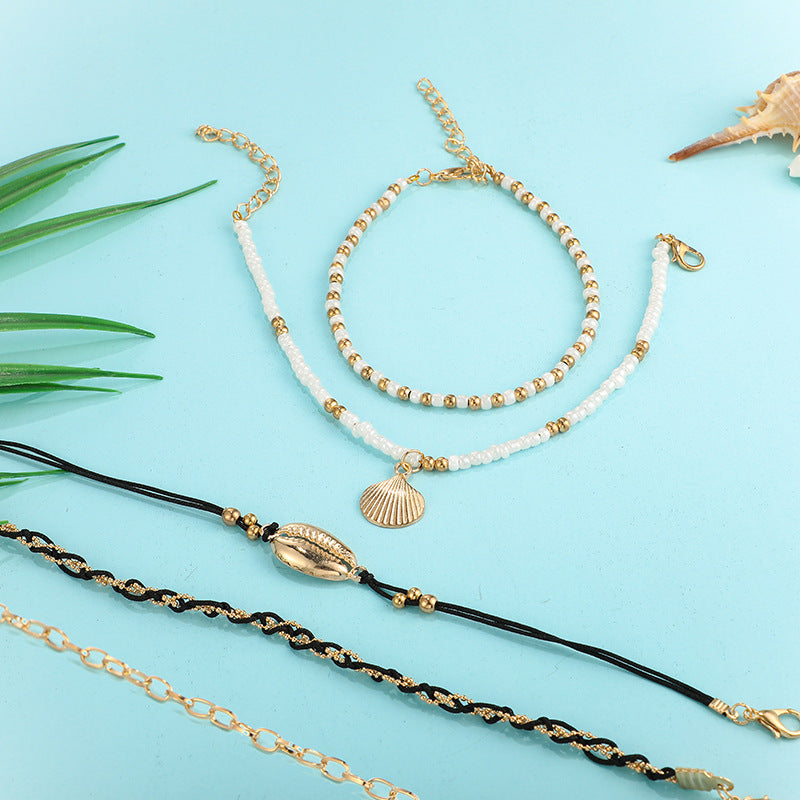 Shell Braided Multi-Layer Anklet Set – 5-Piece