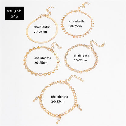 Gold Heart Crystal Key Anklets, 5 Pcs