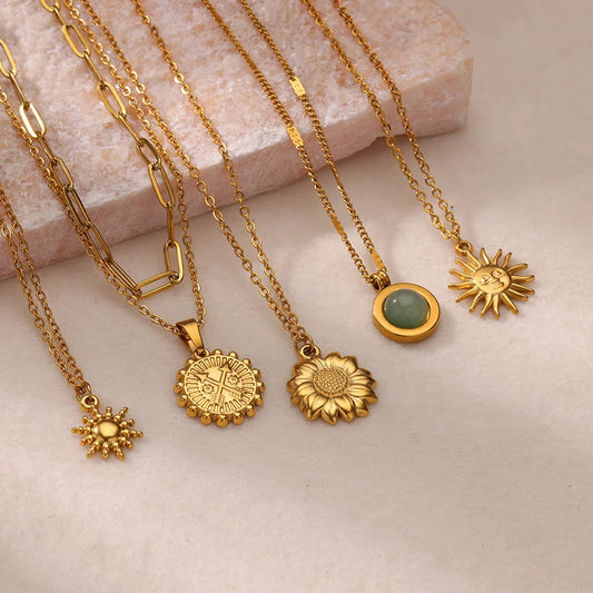 Gold Titanium Steel SUNFLOWER Necklace