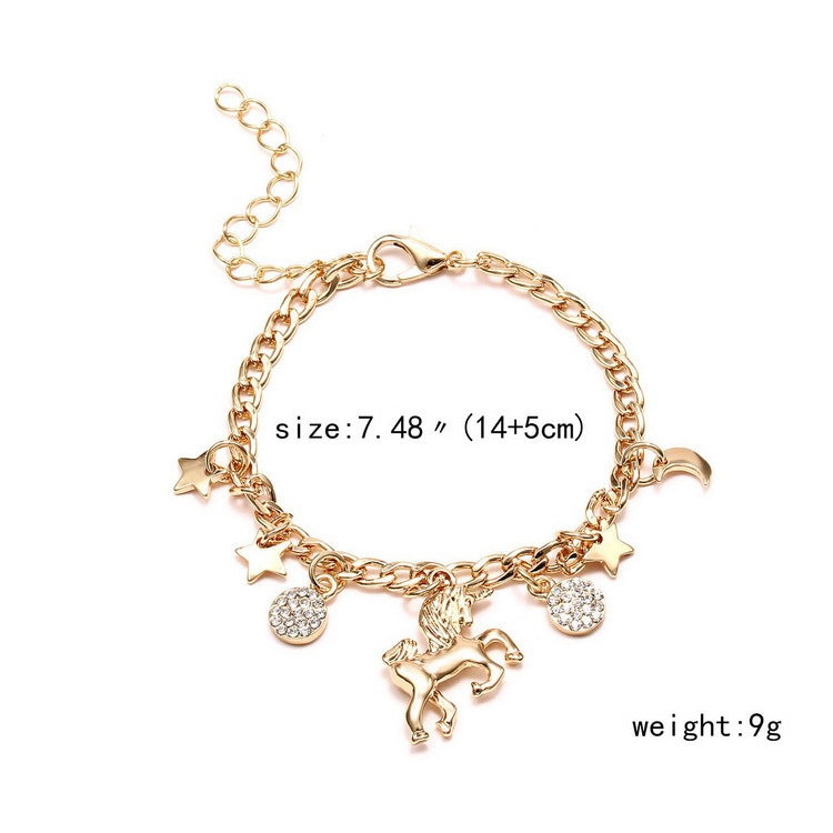 Unicorn Charms Bracelet with Moon & Star Pendants