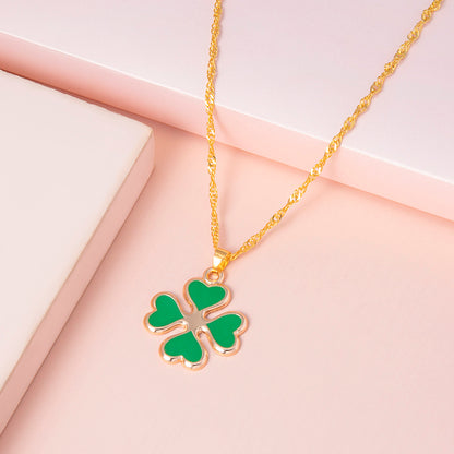 Green Enamel Four-Leaf Clover Necklace