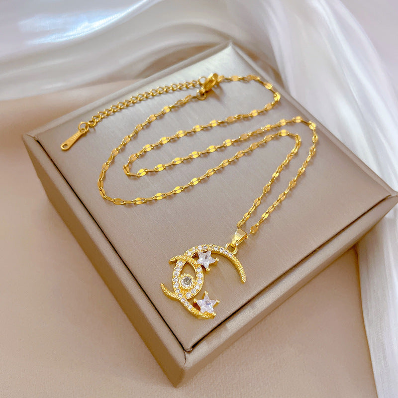 Star and Moon Pendant Clavicle Chain Necklace