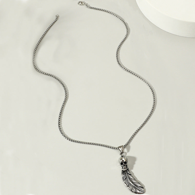 Gothic Skull Feather Pendant Necklace