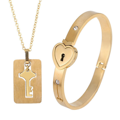 Couple Love Lock Bracelet & Key Necklace Set