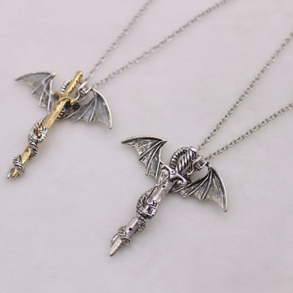 Glorious Dragon Pendant Necklace with Dark Sword – Unique Fantasy Jewellery