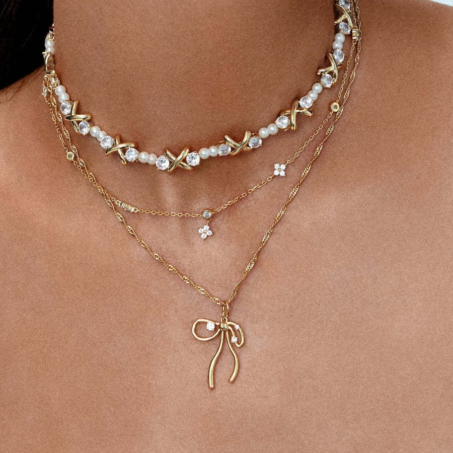 Bone Chain Bow Zircon Necklace & Earrings Set