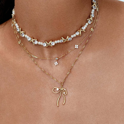 Bone Chain Bow Zircon Necklace & Earrings Set