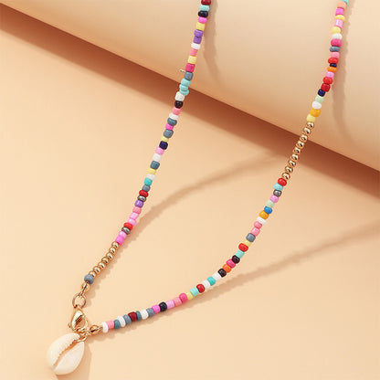 Bohemian Colorful Rice Bead & Shell Pendant Necklace