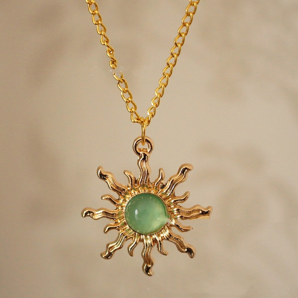 Gold and Light Green Sun Necklace