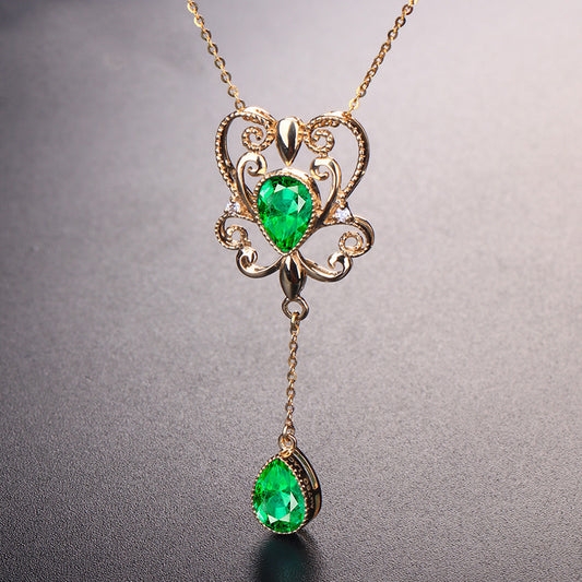 Emerald Color Hollow Bow Pendant Necklace