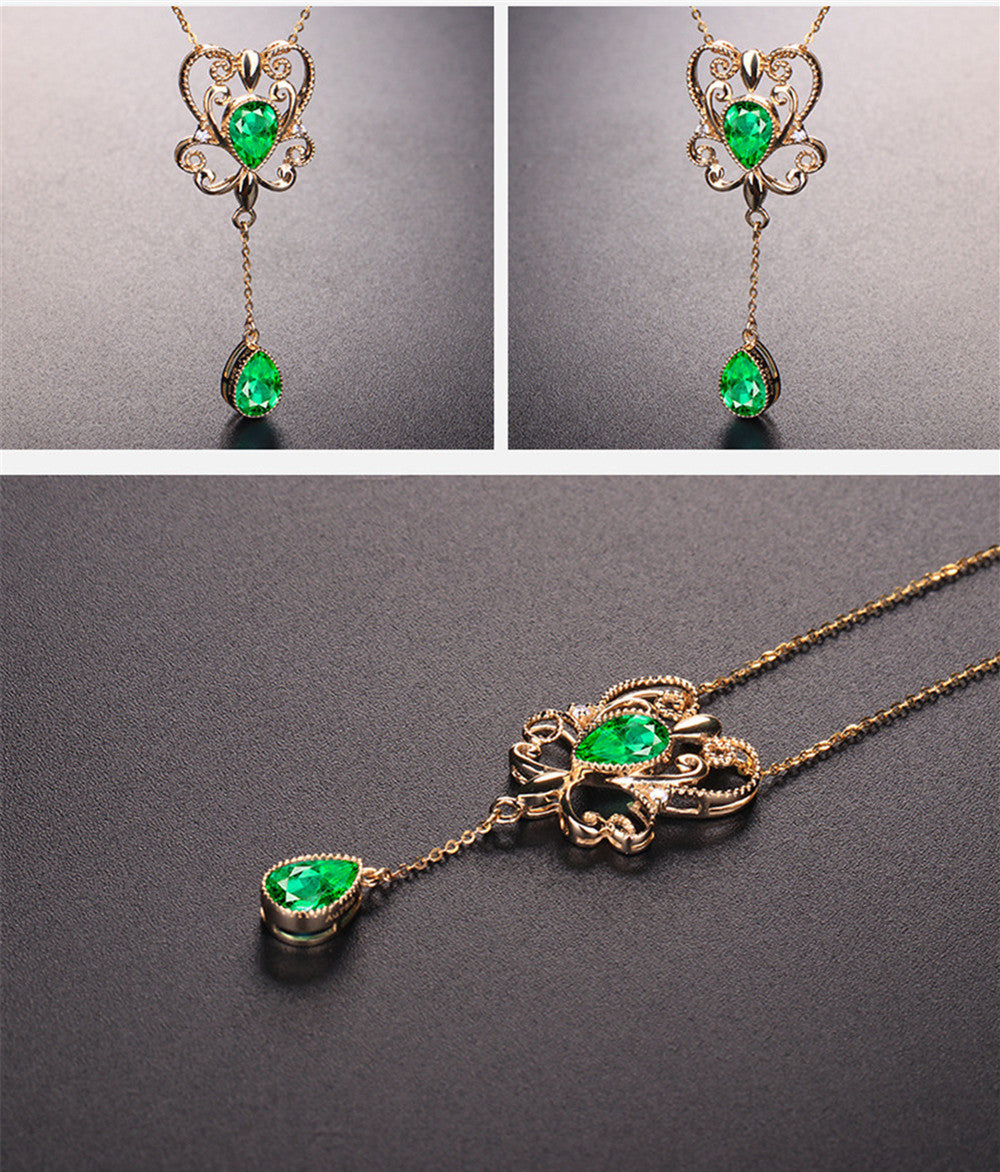 Emerald Color Hollow Bow Pendant Necklace