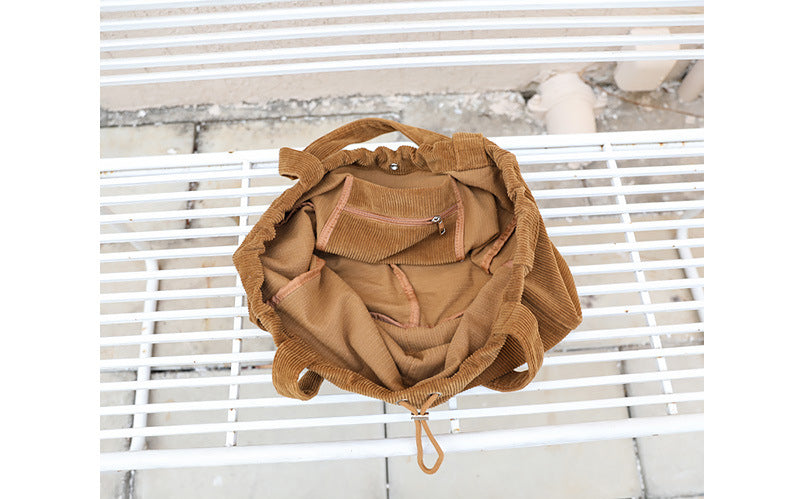 Corduroy Shoulder Bag with Drawstring Closure