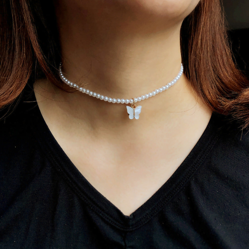 White Pearl Butterfly Choker Necklace