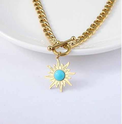 Stainless Steel Sunflower Turquoise Pendant Necklace