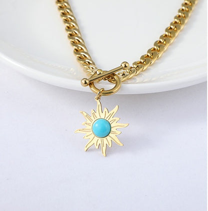 Stainless Steel Sunflower Turquoise Pendant Necklace