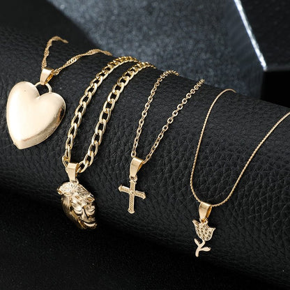 Multi-Layer Heart Cross Pendant Gold Chain Necklace