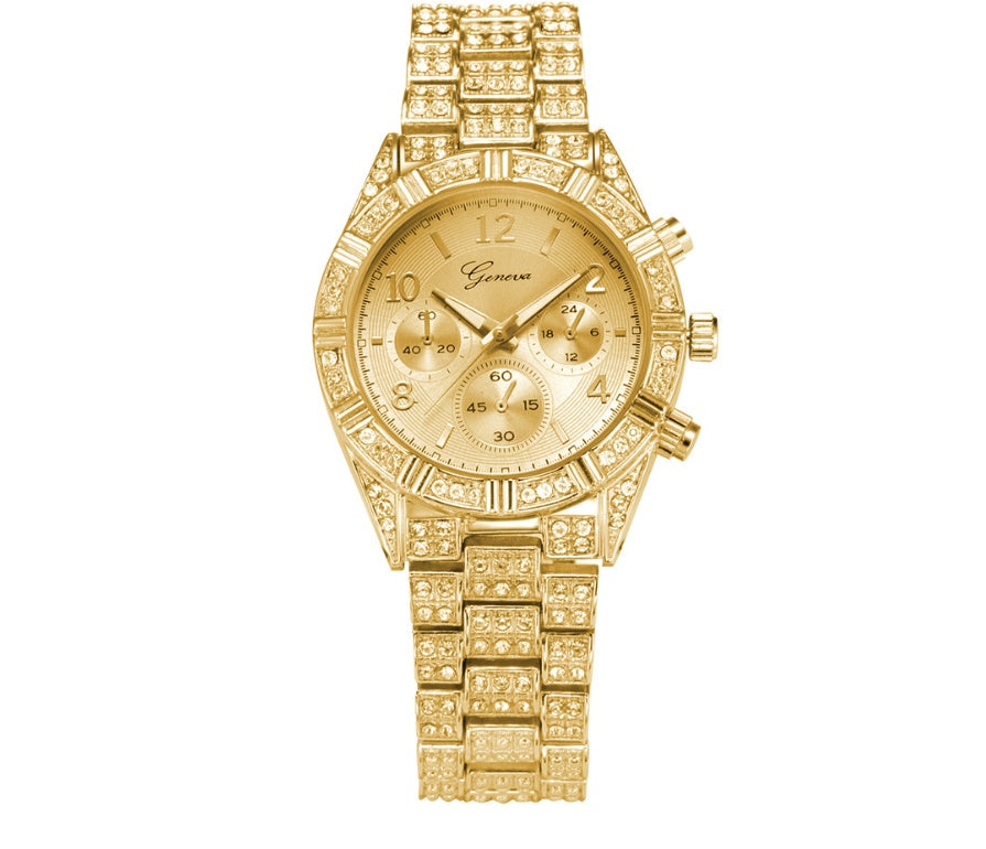 Crystal Quartz Analog Geneva Luxury Wrist Watch – Stainless Steel Woman's Fashion Wear