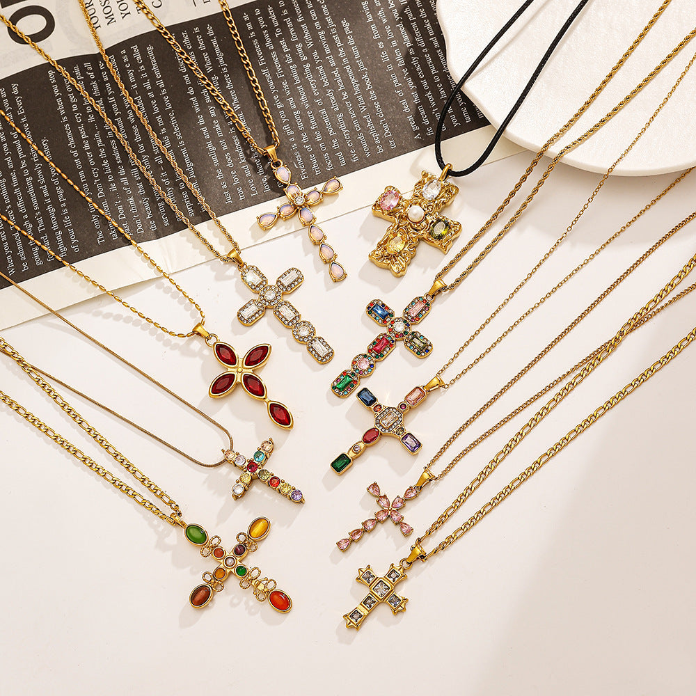 Stainless Steel Cross Necklace with Colorful Crystals
