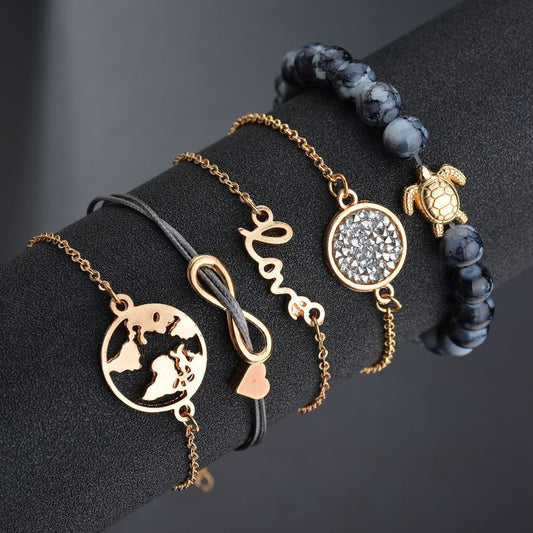 Vintage Turtle Heart Map Charm Bracelets Set