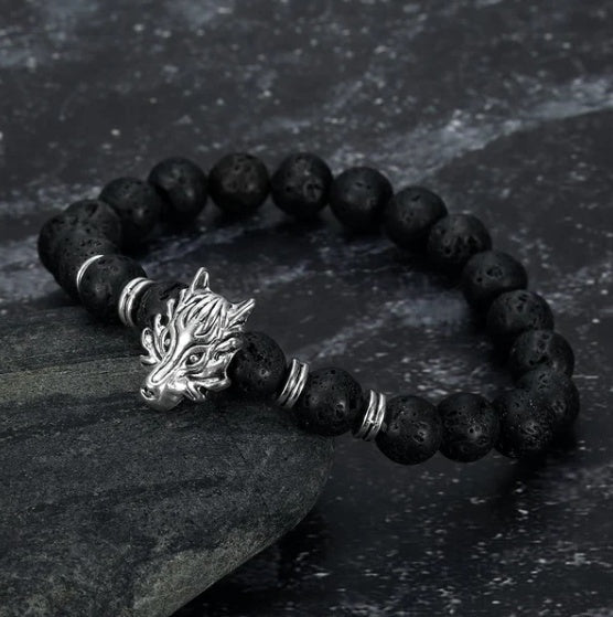 Asgard Crafted Grey Wolf Head and Lava Stone Bracelet