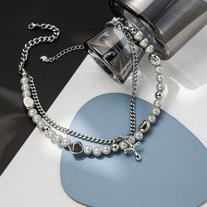 Multi-Layered Cross and Stone Double Necklace