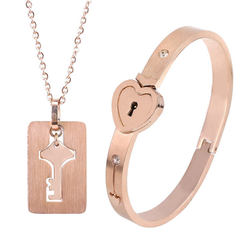 Couple Love Lock Bracelet & Key Necklace Set