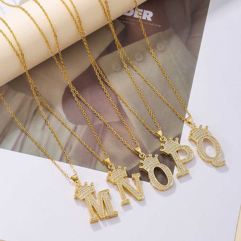 Gold Crown A-Z Pendant Necklace