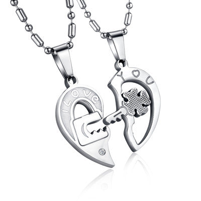 Titanium Steel Rhinestone Key Puzzle Couple Necklace Pendant – Matching Jewelry for Him & Her