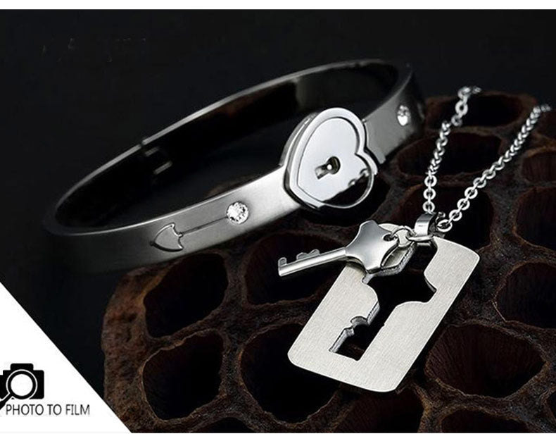 Couple Love Lock Bracelet & Key Necklace Set