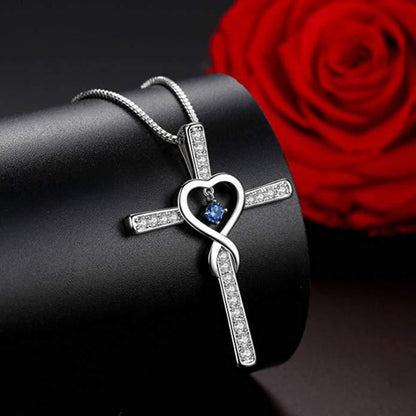 Infinity Love God We Trust Christian Cross Birthstone Crystal Pendant Necklace