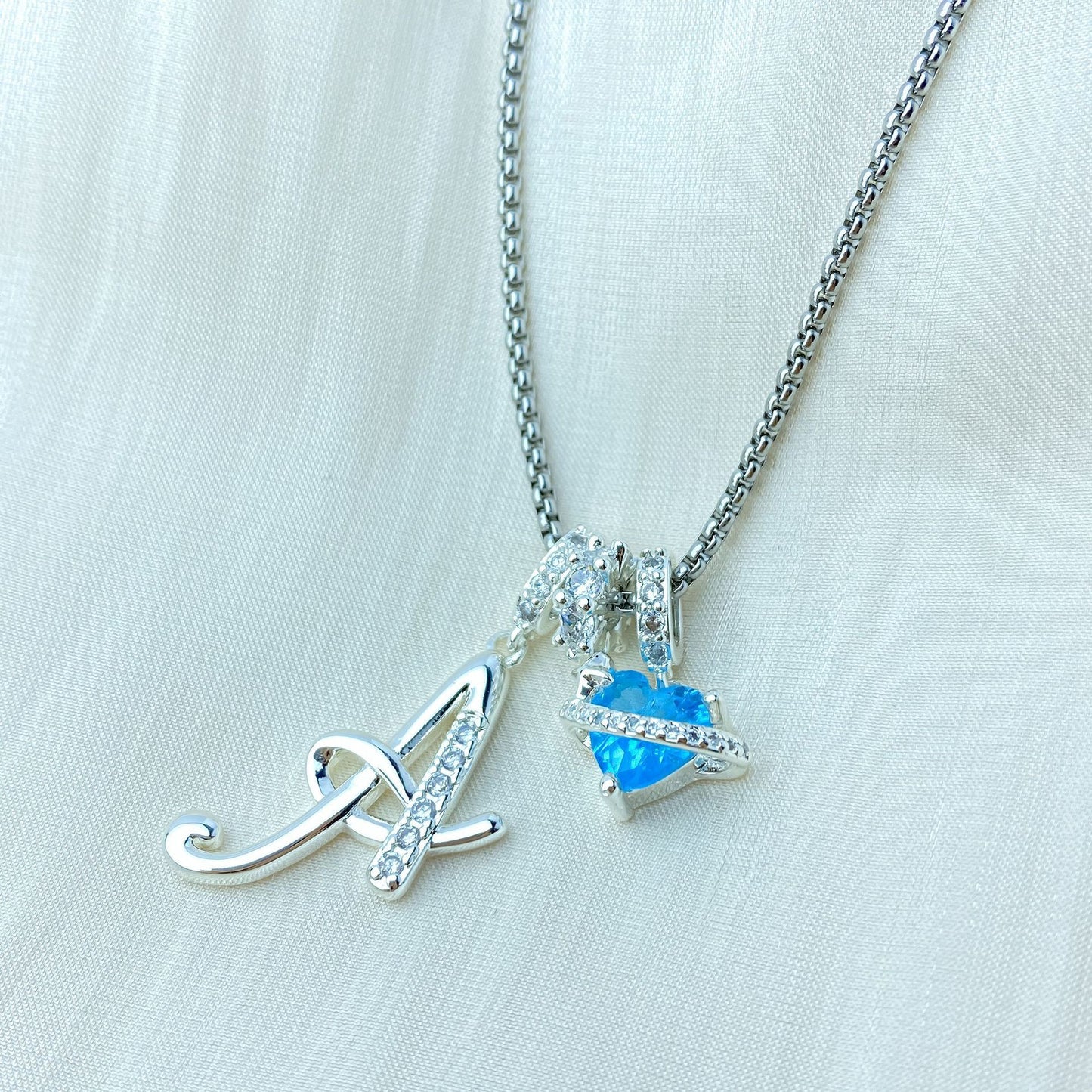 A-Z Alphabet Elegant Blue Heart Necklace with Zircons