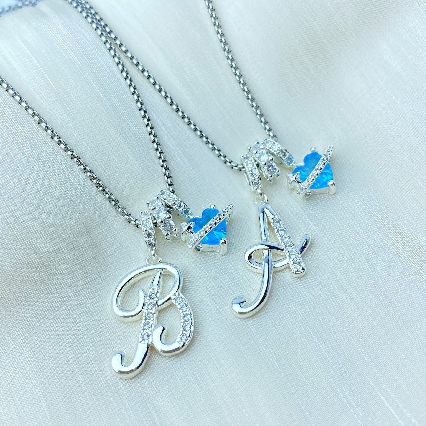 A-Z Alphabet Elegant Blue Heart Necklace with Zircons