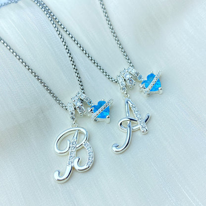 A-Z Alphabet Elegant Blue Heart Necklace with Zircons